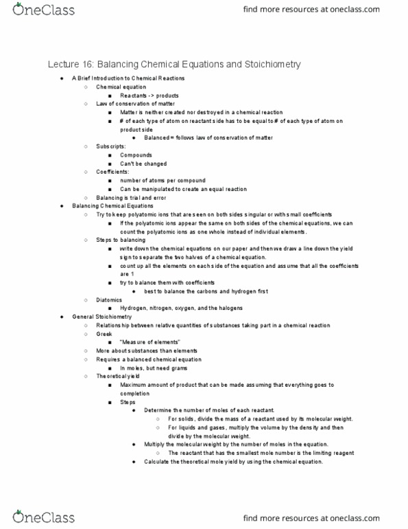 CHEM 111 Lecture Notes - Lecture 16: Chemical Equation, Yield Sign, Limiting Reagent thumbnail