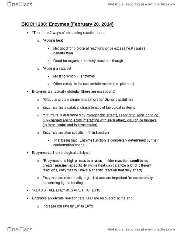 BIOCH200 Lecture Notes - Globular Protein, Alcohol Dehydrogenase, Reaction Rate thumbnail