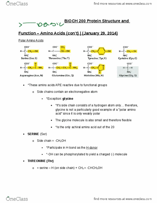 BIOCH200 Lecture Notes - Side Chain, Chch-Dt, Acid Dissociation Constant thumbnail