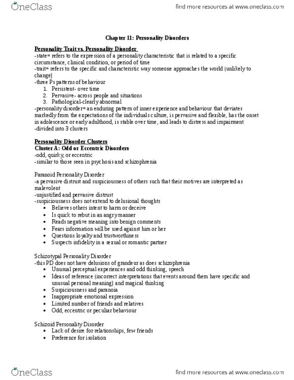 Psychology 2030A/B Chapter Notes - Chapter 11: Avoidant Personality Disorder, Histrionic Personality Disorder, Schizotypal Personality Disorder thumbnail