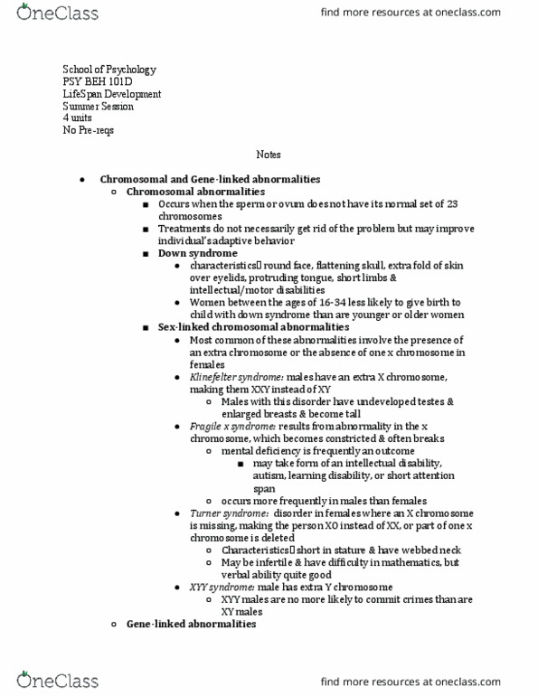 PSY BEH 101D Lecture Notes - Lecture 10: Chromosome Abnormality, Webbed Neck, Intellectual Disability thumbnail