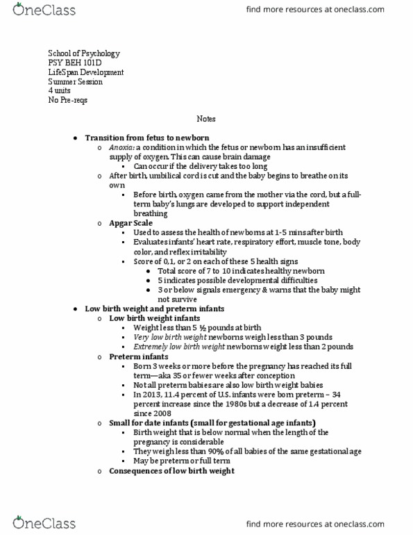 PSY BEH 101D Lecture Notes - Lecture 18: Low Birth Weight, Umbilical Cord, Apgar Score thumbnail