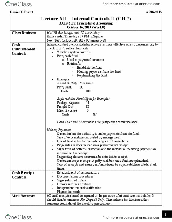 ACIS 2115 Lecture Notes - Lecture 12: List Of The Shield Episodes, Petty Cash, Internal Control thumbnail