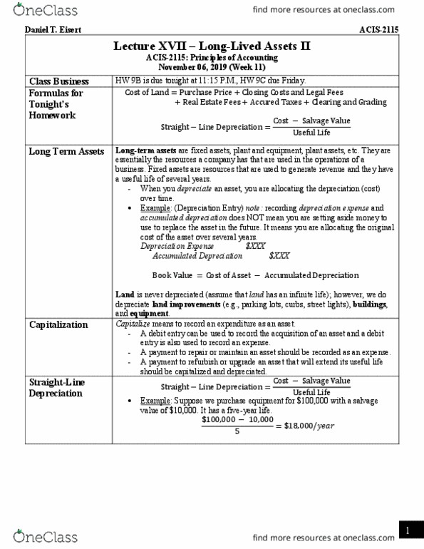 ACIS 2115 Lecture 17: ACIS-2115 - Class Notes - 17 - Long-Lived Assets II thumbnail