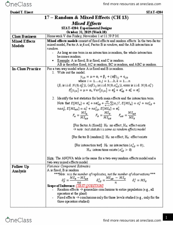 STAT 4204 Lecture Notes - Lecture 17: Random Effects Model, Independent And Identically Distributed Random Variables, Complement Factor B thumbnail