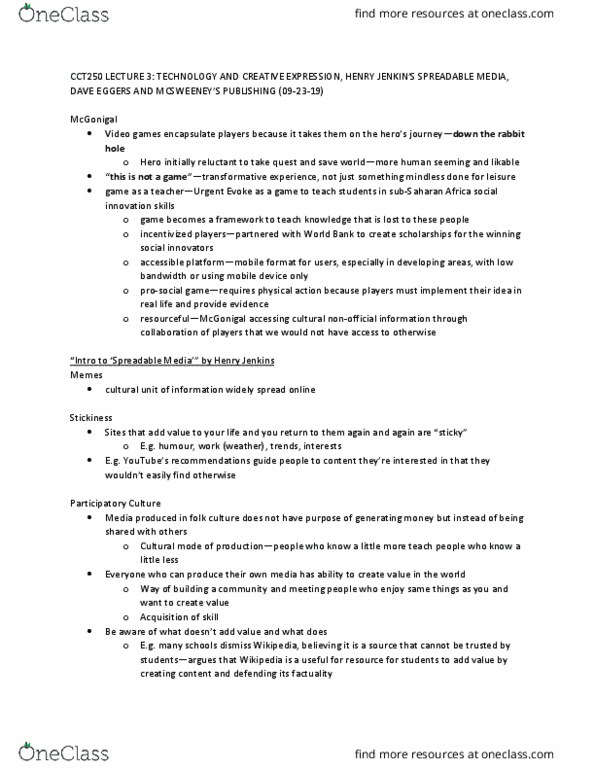 CCT250H5 Lecture Notes - Lecture 3: Dave Eggers, Spreadability, Sub-Saharan Africa thumbnail