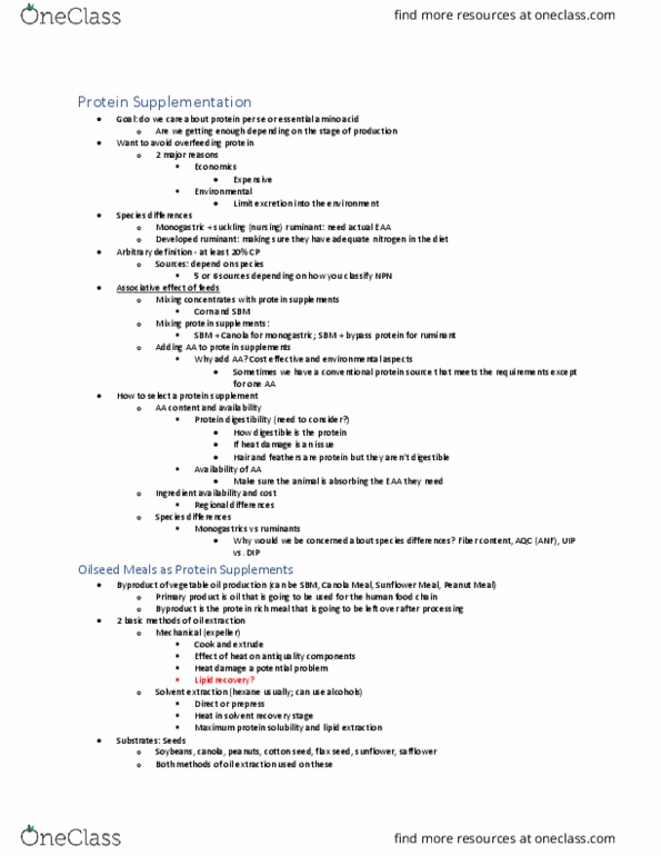 ANSC 3120 Lecture Notes - Lecture 7: Cottonseed Oil, Monogastric, Essential Amino Acid thumbnail