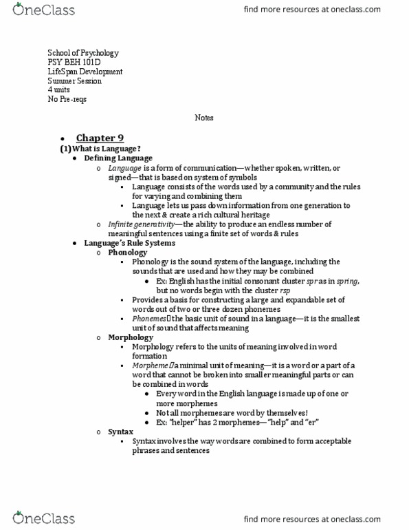 PSY BEH 101D Lecture Notes - Lecture 67: Consonant Cluster, Morpheme, Word Formation thumbnail