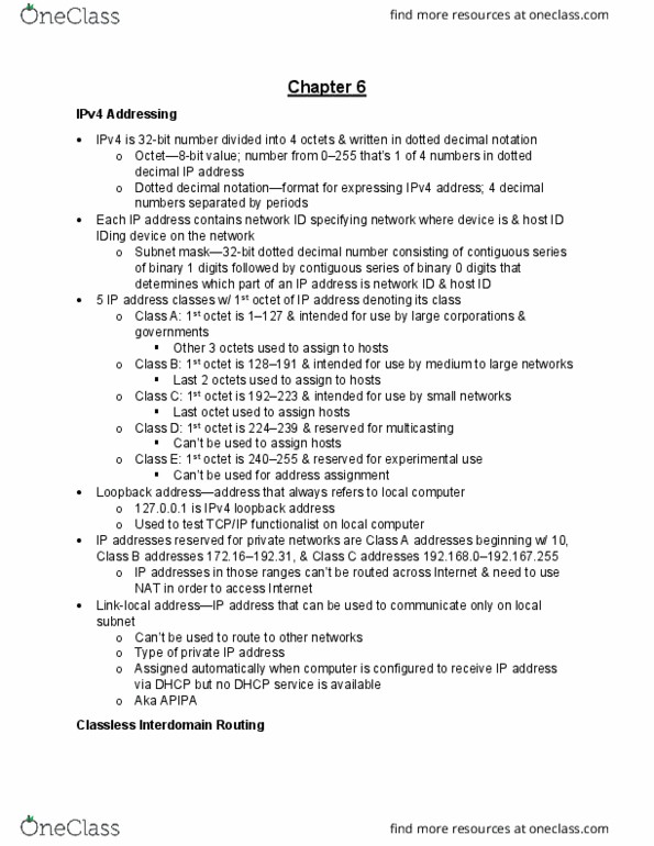 CISC 5009 Chapter Notes - Chapter 6: Private Network, Localhost, Dot-Decimal Notation thumbnail