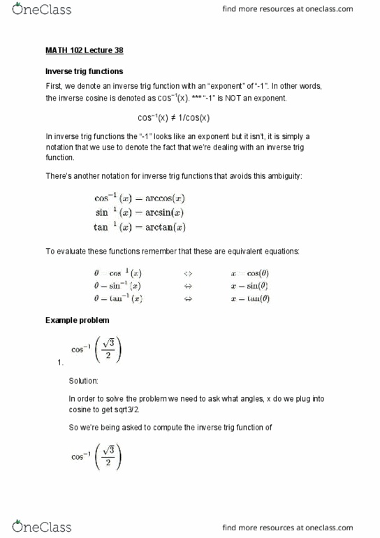 MATH 102 Lecture Notes - Lecture 38: Inverse Trigonometric Functions cover image