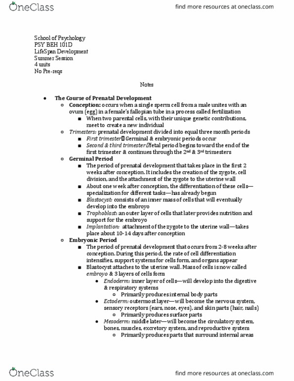 PSY BEH 101D Lecture Notes - Lecture 47: Prenatal Development, Blastocyst, Trophoblast thumbnail