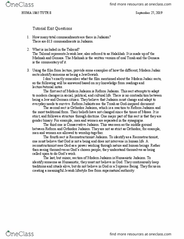 SOSC 1350 Lecture Notes - Reconstructionist Judaism, Humanistic Judaism, 613 Commandments thumbnail