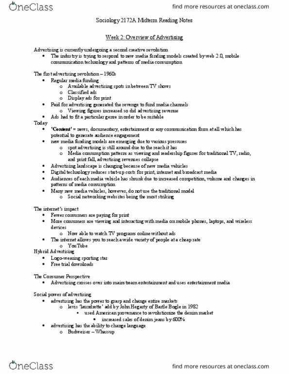 Sociology 2172A/B Lecture Notes - Lecture 9: List Of Social Networking Websites, Media Consumption, Denim thumbnail