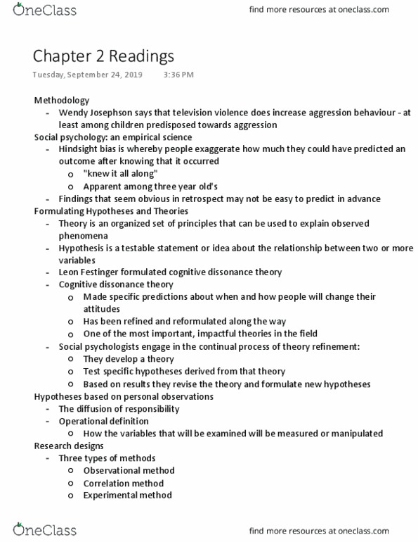 PSYCH 2C03 Chapter Notes - Chapter 2: Leon Festinger, Cognitive Dissonance, Hindsight Bias thumbnail