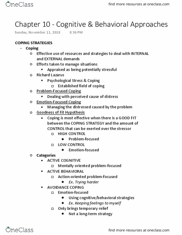 PSY 805 Lecture Notes - Lecture 10: Avoidance Coping, Automatic Negative Thoughts, Aaron T. Beck thumbnail