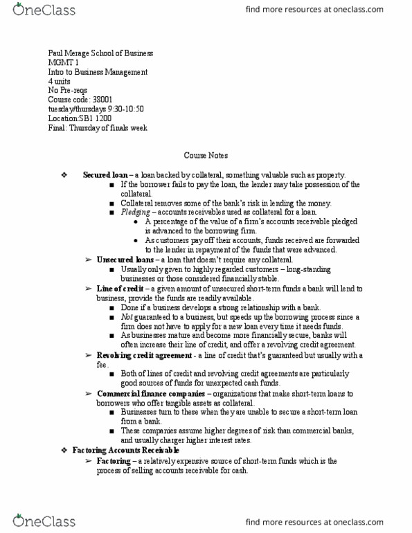 MGMT 1 Lecture Notes - Lecture 36: Merage Family, Revolving Credit, Secured Loan thumbnail