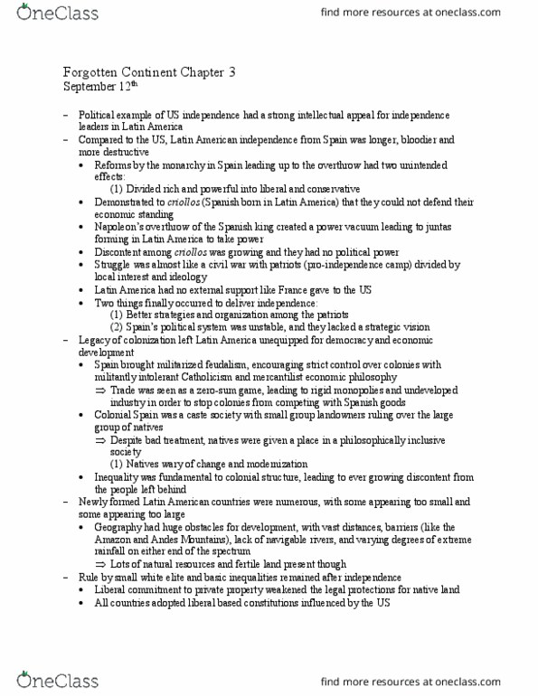 POLS 174 Chapter Notes - Chapter 3: Forgotten Continent: Latin American Wars Of Independence, Andes, Mercantilism thumbnail