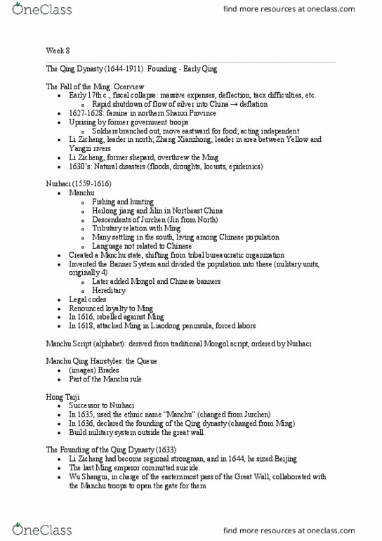 CHIN 50 Lecture Notes - Lecture 15: Zhang Xianzhong, Li Zicheng, Manchu Alphabet thumbnail