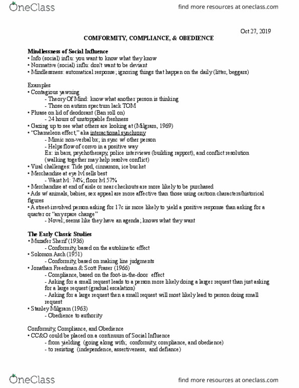 PSY 124 Lecture Notes - Lecture 7: Muzafer Sherif, Stanley Milgram, Autism Spectrum thumbnail