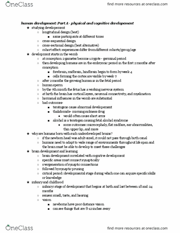 PSYC 1001 Lecture Notes - Lecture 1: Fetal Alcohol Spectrum Disorder, Synaptic Pruning, Morning Sickness thumbnail