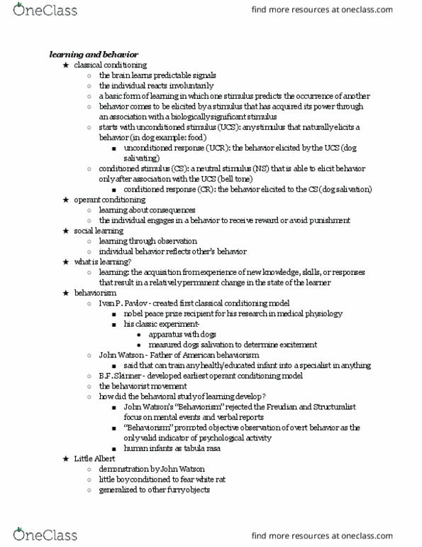 PSYC 1001 Lecture Notes - Lecture 1: Tabula Rasa, Little Albert Experiment, Operant Conditioning thumbnail