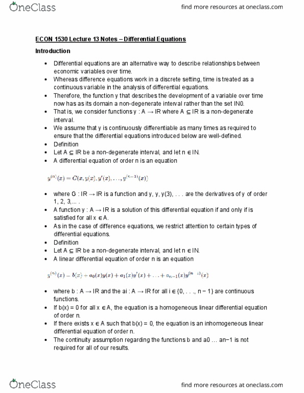 ECON 1530 Lecture 13: ECON 1530 Lecture 13 Notes – Differential Equations cover image