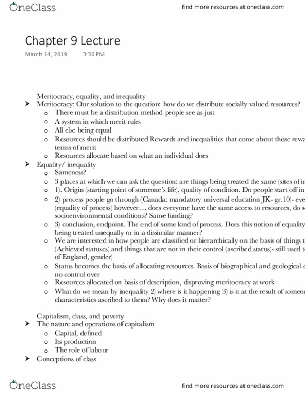 Sociology 1020 Lecture Notes - Lecture 9: Ascribed Status, Meritocracy, Class Conflict thumbnail