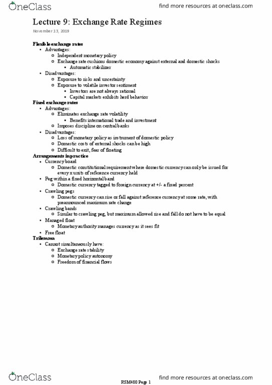 RSM480H1 Lecture Notes - Lecture 9: Crawling Peg, Currency Board, Herd Behavior thumbnail