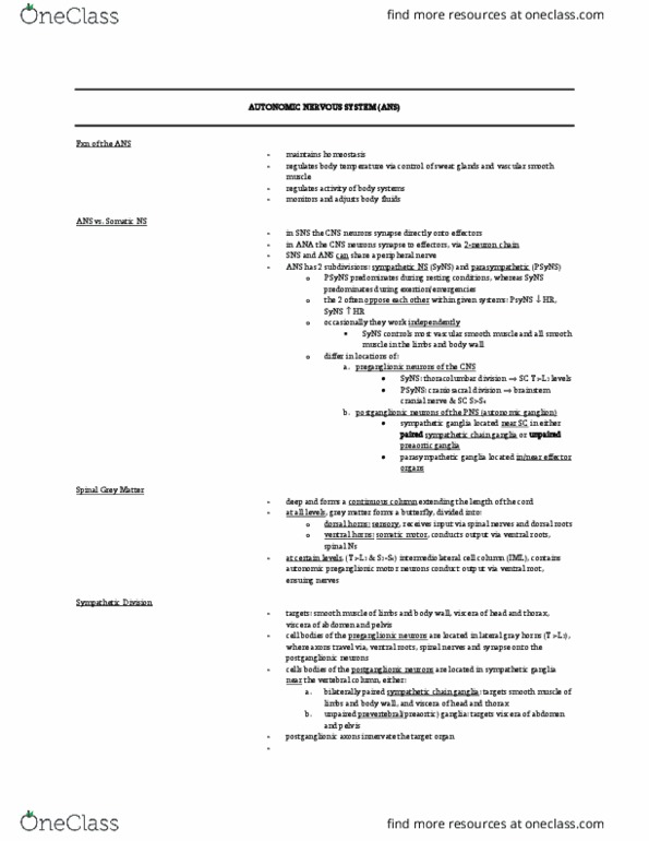 ANA300Y1 Lecture Notes - Paravertebral Ganglia, Intermediolateral Nucleus, Vascular Smooth Muscle thumbnail