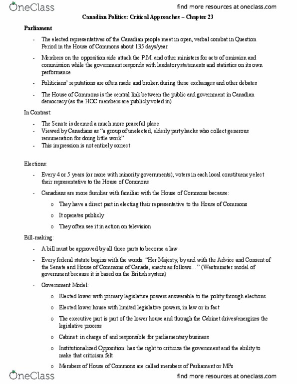 POLB50Y3 Chapter Notes - Chapter 23: Central Link, Westminster System, The Elected thumbnail