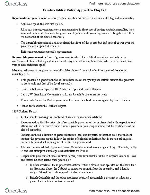 POLB50Y3 Chapter Notes - Chapter 2: Report On The Affairs Of British North America, Responsible Government, Lower Canada thumbnail