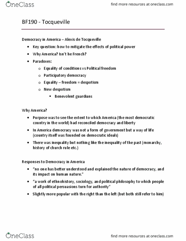BF190 Lecture Notes - Lecture 5: Participatory Democracy, Ethnohistory, Alexis De Tocqueville thumbnail