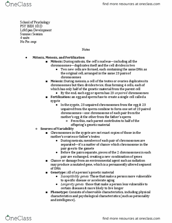 PSY BEH 101D Chapter Notes - Chapter 2: Meiosis, Zygote, Mitosis thumbnail