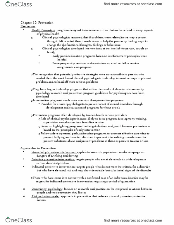 PSYC-435 Chapter Notes - Chapter 10: Clinical Psychology, Community Psychology, Conduct Disorder thumbnail