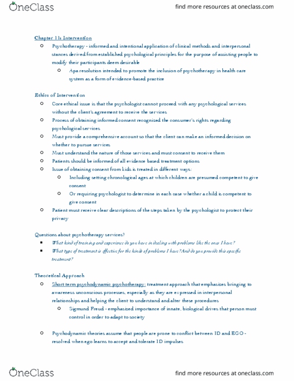 PSYC-435 Chapter Notes - Chapter 11: Psychodynamic Psychotherapy, Interpersonal Psychotherapy, Sigmund Freud thumbnail