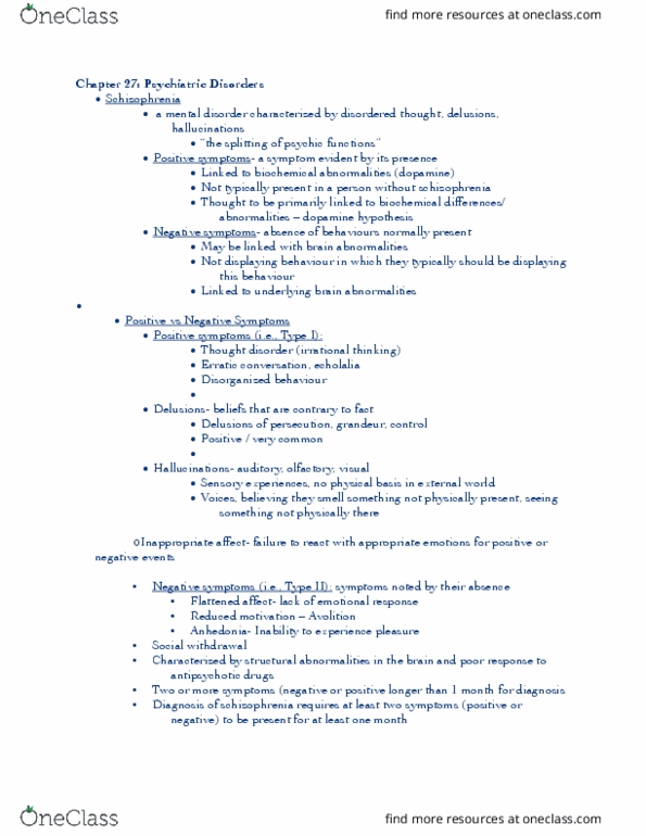 PSYC-377 Lecture Notes - Lecture 30: Dopamine Hypothesis Of Schizophrenia, Echolalia, Thought Disorder thumbnail