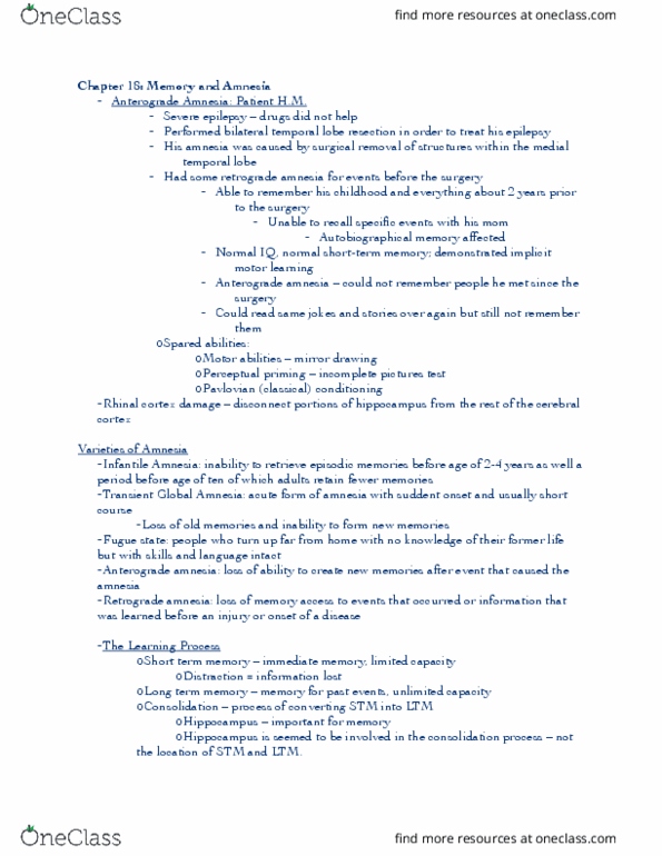 PSYC-377 Lecture Notes - Lecture 18: Anterograde Amnesia, Retrograde Amnesia, Temporal Lobe thumbnail
