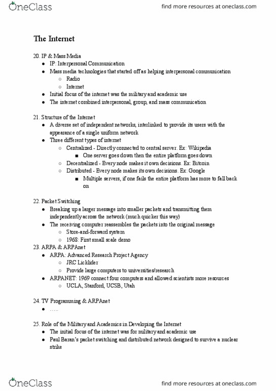 MI 101 Lecture Notes - Lecture 3: Packet Switching, Arpanet, Interpersonal Communication thumbnail