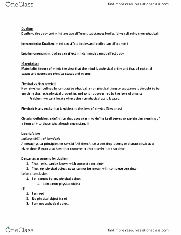 PP111 Chapter Notes - Chapter 5: Circular Definition, Epiphenomenalism, Materialism thumbnail