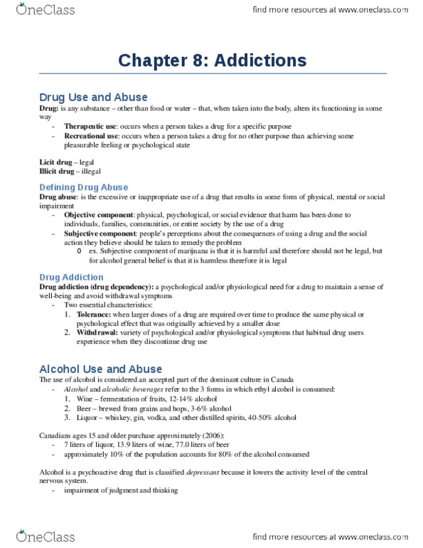 Sociology 2140 Chapter Notes - Chapter 8: Alcoholic Drink, Fetal Alcohol Spectrum Disorder, Codeine thumbnail