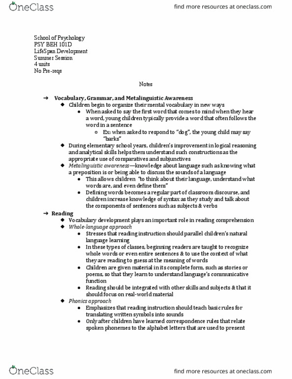 PSY BEH 101D Lecture Notes - Lecture 61: Metalinguistic Awareness, Vocabulary Development, Phonics thumbnail