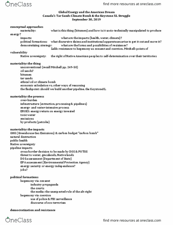 Anthropology Anthro 3472 Lecture Notes - Lecture 9: Keystone Pipeline, Petroleum Coke, Eco-Terrorism thumbnail