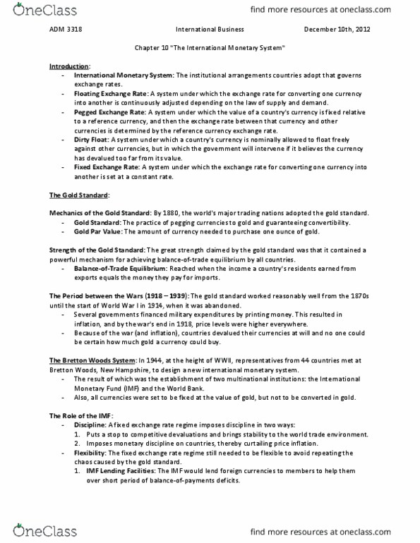 ADM 3318 Lecture Notes - Lecture 10: Bretton Woods, New Hampshire, International Monetary Fund, Floating Exchange Rate thumbnail