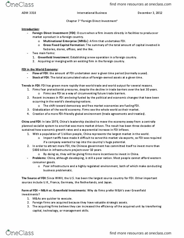 ADM 3318 Lecture 7: ADM 3318 - Chapter 7 Notes - Foreign Direct Investment thumbnail