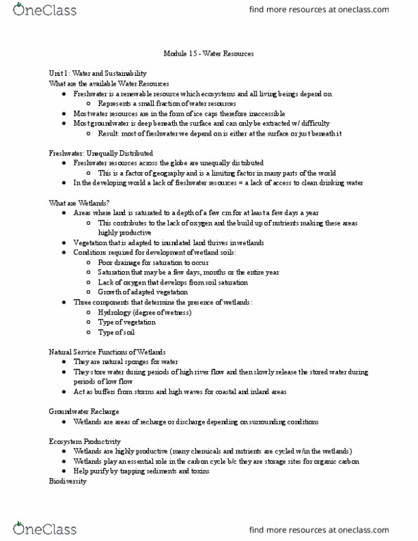 ENVIRSC 1C03 Lecture Notes - Lecture 15: Sponge, Water Cycle, Ecosystem Services thumbnail