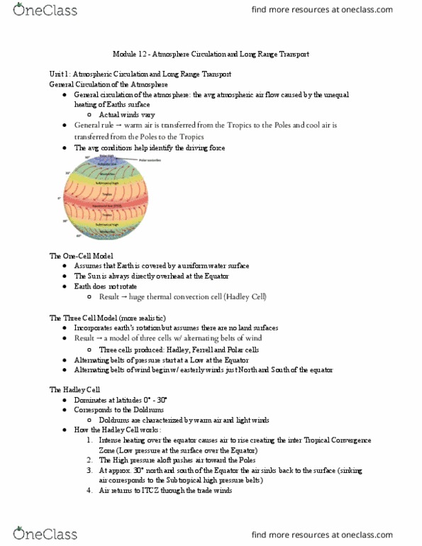 ENVIRSC 1C03 Lecture Notes - Lecture 12: Atmospheric Circulation, Hadley Cell, Polar Easterlies thumbnail