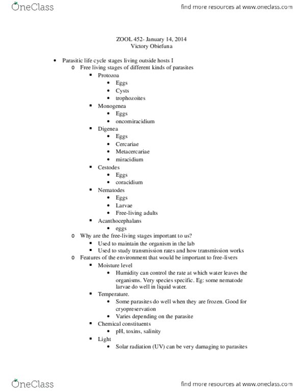 ZOOL452 Lecture Notes - Monogenea, Trematode Life Cycle Stages, Protozoa thumbnail