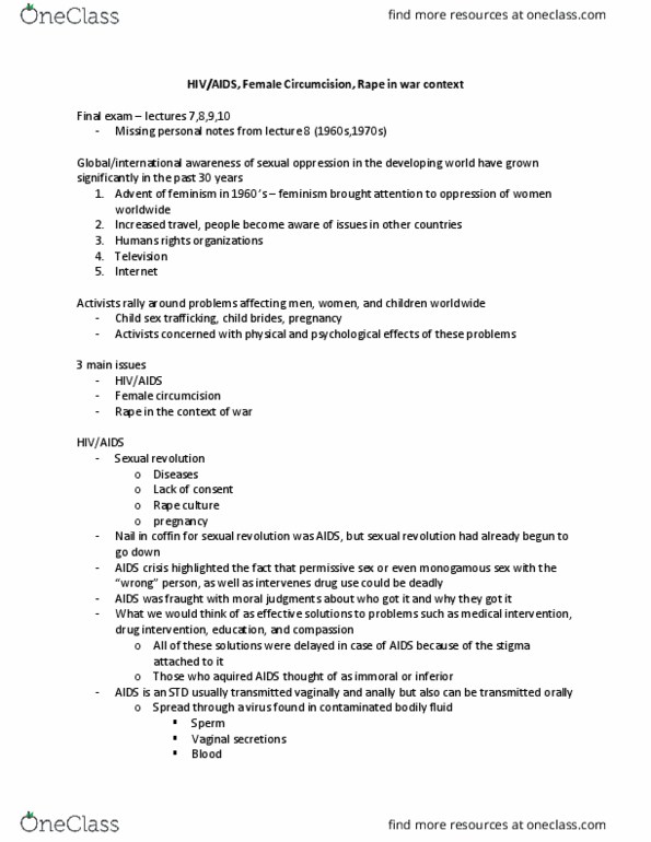 History 2181A/B Lecture Notes - Lecture 9: Female Genital Mutilation, Sexual Revolution, Rape Culture thumbnail