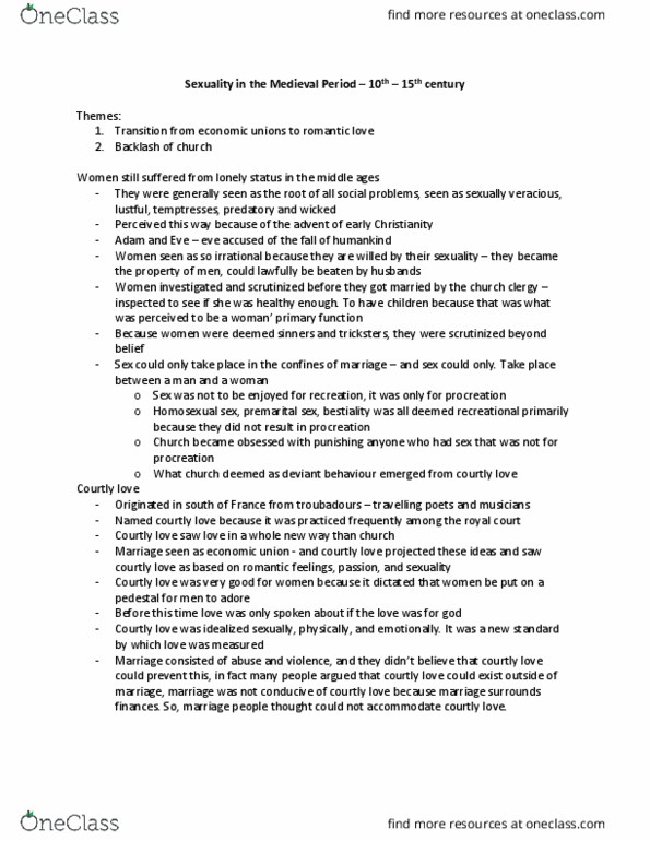 History 2181A/B Lecture Notes - Lecture 2: Courtly Love, Premarital Sex, Extended Periodic Table thumbnail