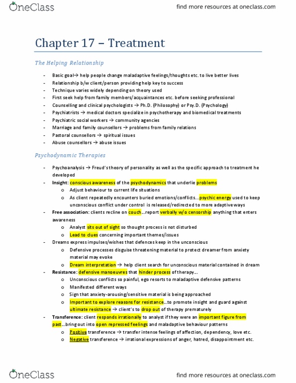 Psychology 1000 Chapter Notes - Chapter 17: Doctor Of Psychology, Dream Interpretation, Psychodynamics thumbnail